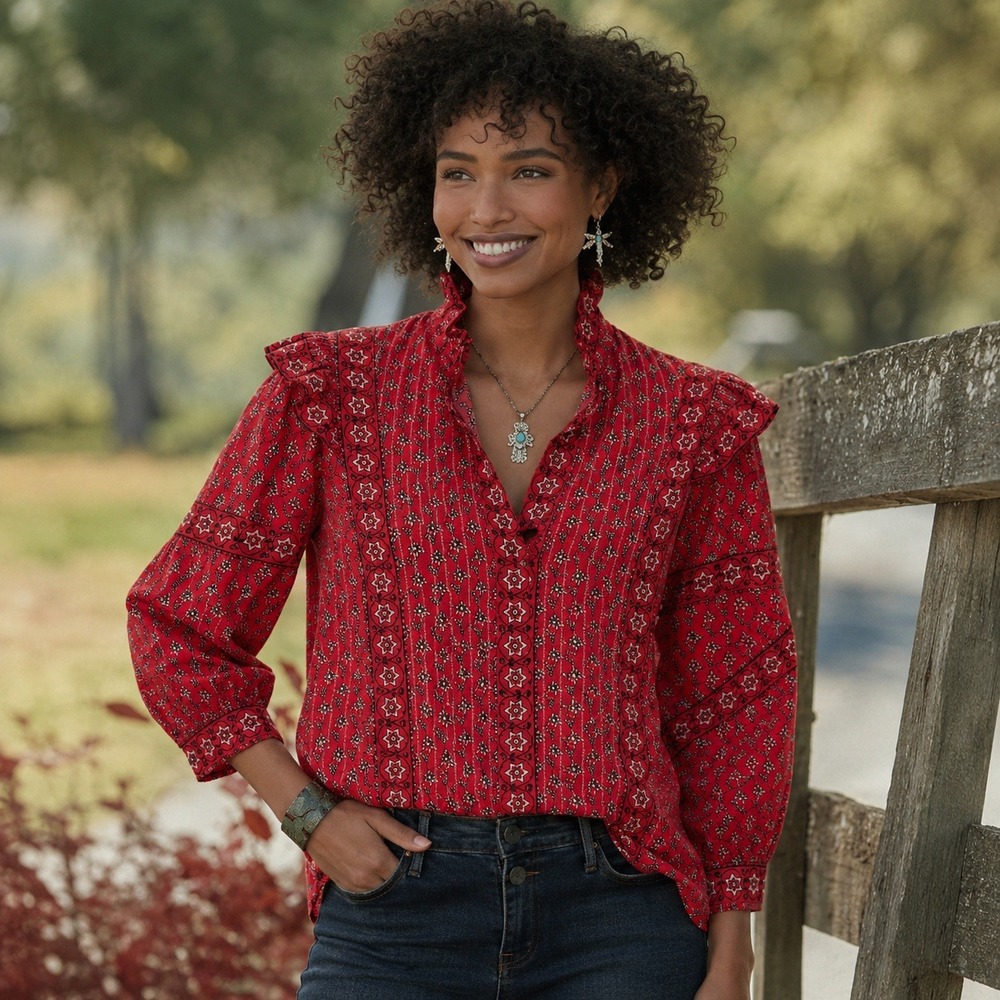 Sundance Red Floral Block Print Ruffle Neck Pintuck Cotton Blouse XS‎ RN106205